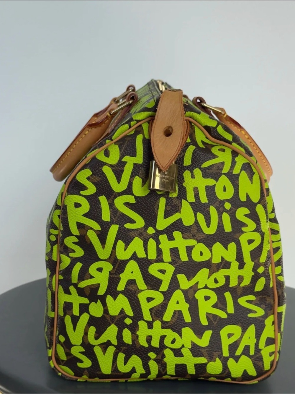Louis Vuitton Brown Satchel with Neon Green Graffiti and Tan Handles - Picture 7 of 8